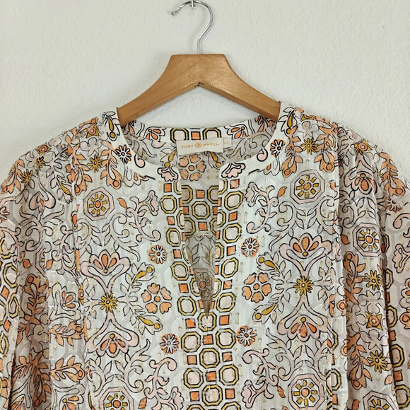 Tory Burch Adrian Metallic Hicks Garden Long Sleeve Silk Blend Tunic Size LG - Picture 6 of 15